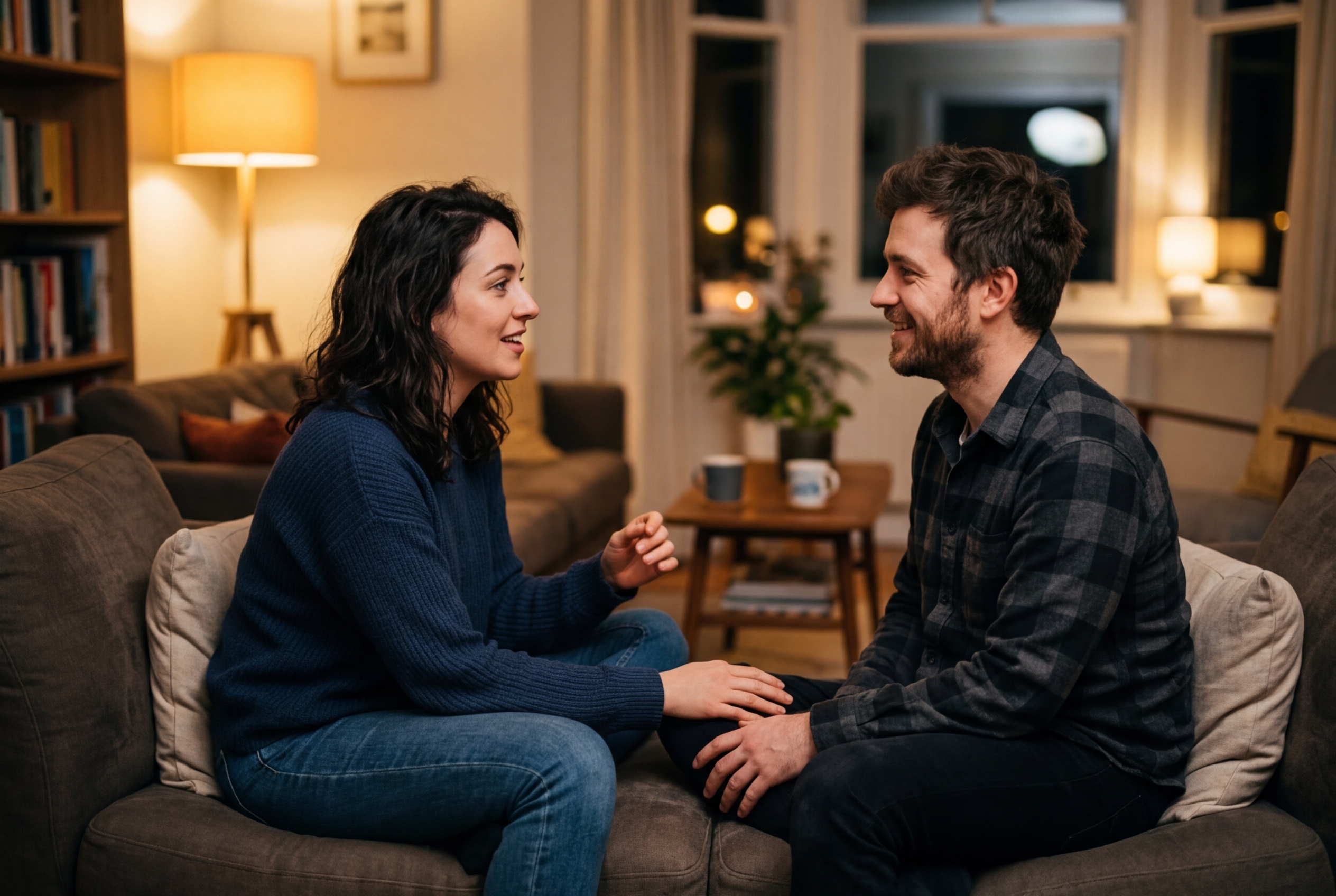A couple sitting close on a couch having a deep conversation with warm lighting