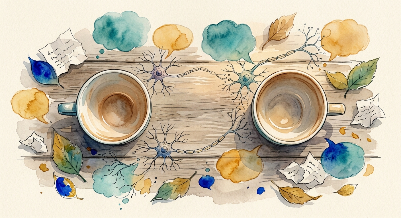 Overhead watercolor illustration of two cups with neural connections and awkward silence gap between them