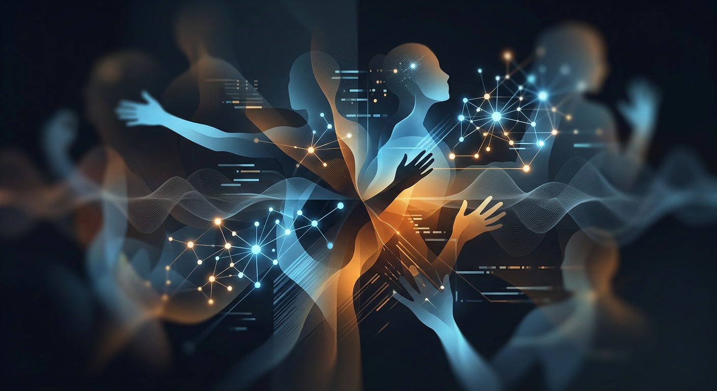 Abstract glowing shapes representing Paul Ekman microexpressions and proxemics nonverbal cues