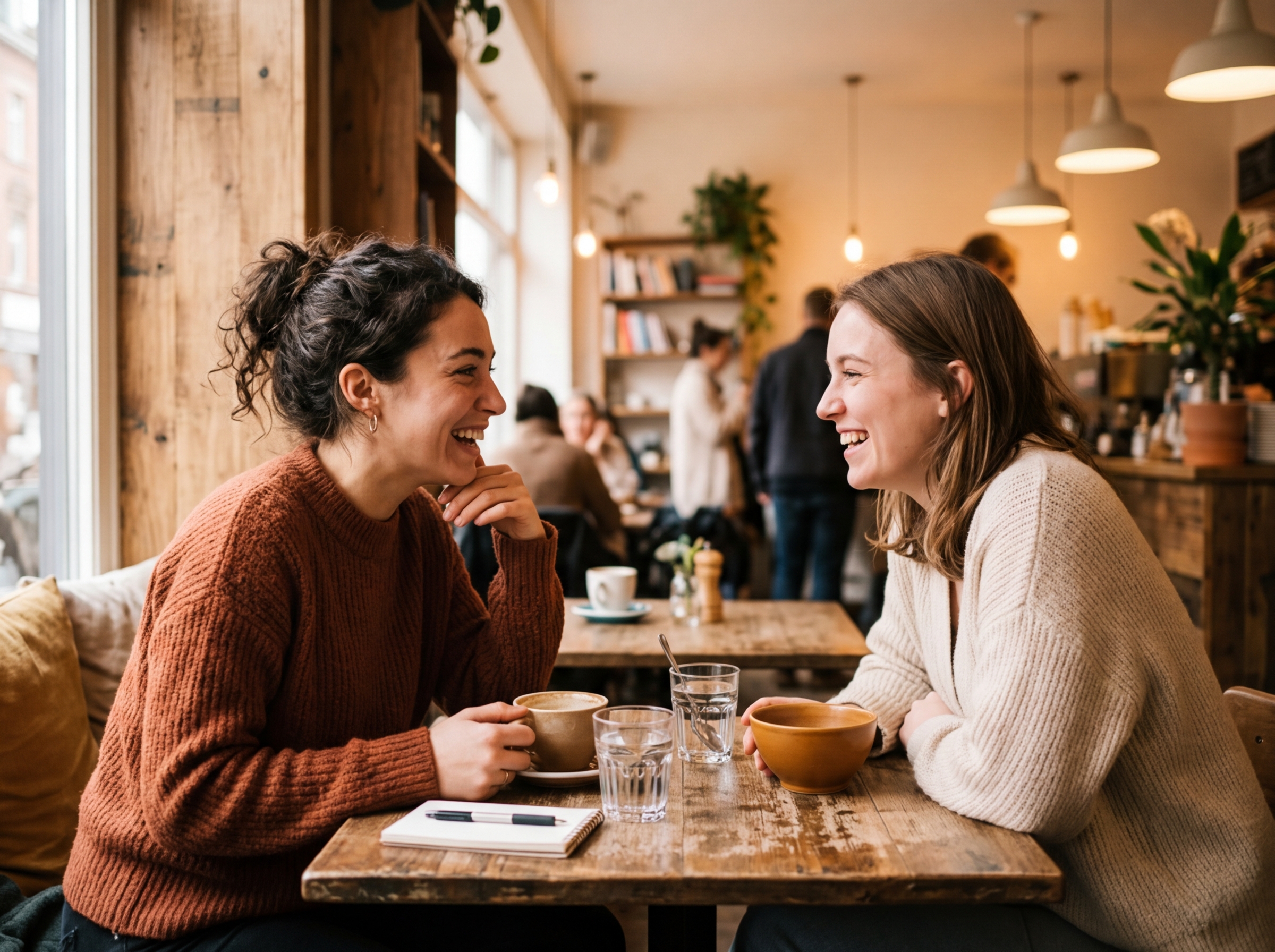 Two people genuinely engaged in conversation at a coffee shop with warm natural lighting